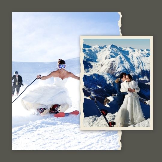 Picture Collage showing two photos. One of a
                      bride skiing while wearing a strapless wedding
                      gown and a face mask, the other of a bride and
                      groom embracing against a background of snow
                      covered mountains.. A pair of skis is poked into
                      the snow next to them.