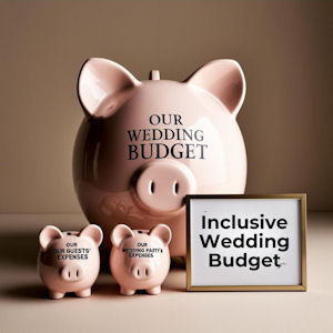 Three pale pink
                        piggy banks labelled Our Wedding Budget, Our
                        Guests' Expenses, and Our Wedding Party's
                        Expenses, with a framed sign that reads
                        Inclusive Wedding Budget.