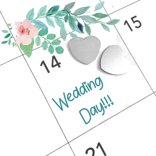 Calendar with Wedding Date marked on the
                    14th plus two silver hearts and a spray of
                    watercolour flowers