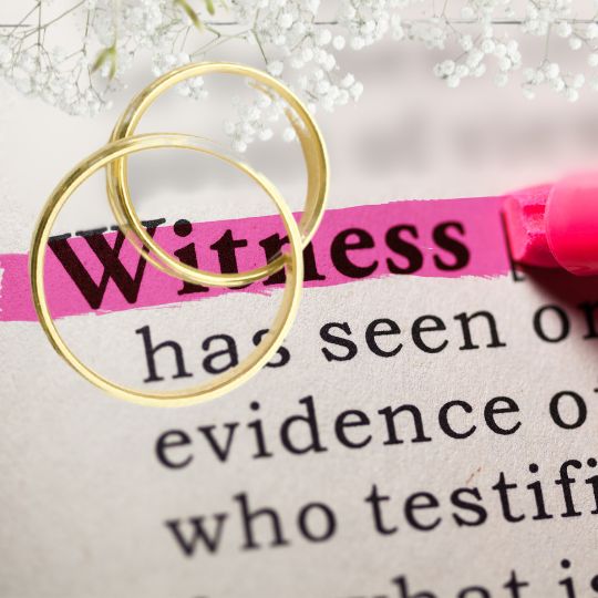 Two wedding rings on
                        a highlighted dictionary entry for WITNESS,
                        highlighted in pink. Baby's breath across the
                        top.