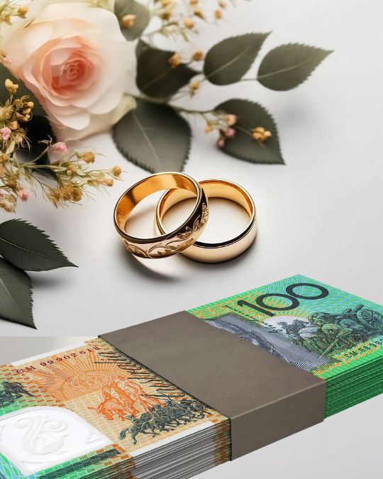 Wedding bouquet, two gold wedding rings,
                      and a stack of 100 dollar Australian banknotes
                      secured with a paper strap