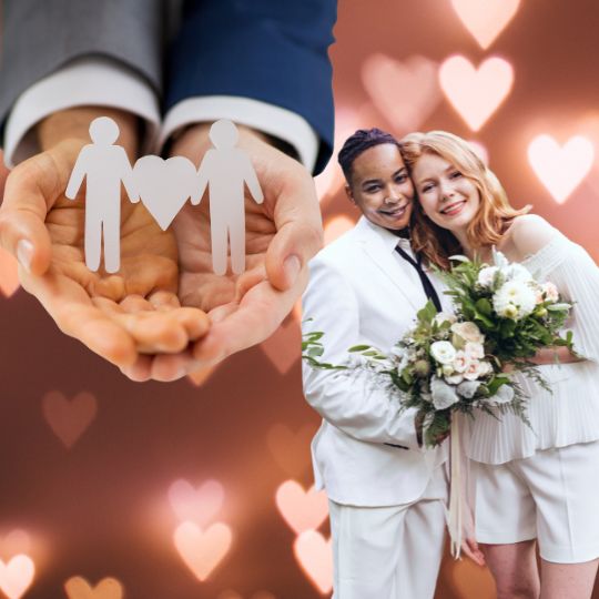 Male hands holding a
                        paper cut of two grooms joined by a heart; a
                        female couple in wedding finery, one wearing a
                        suit, the other in feminine clothing; against a
                        background of illuminated hearts