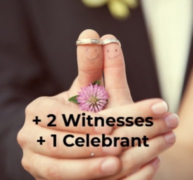 Couple giving thumbs
                          up with wedding rings on their thumbs and the
                          words + 2 Witnesses + 1 celebrant