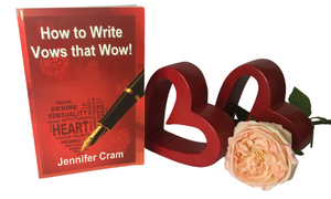 A copy of Vows
                      that WOW by Jennifer Cram with two red hearts and
                      a full blown apricot rose